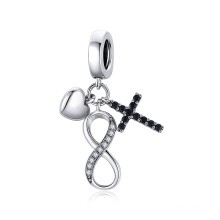 Infinity Symbol Cross 925 Sterling Silver CZ Black Stone Bangle Charm